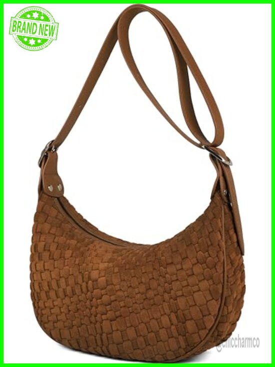Handbags - Vegan Leather Woven Crescent Crossbody Bag with Adjustable Strap
